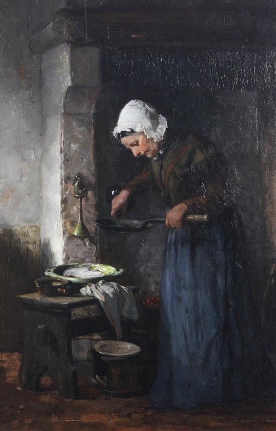 Scottish School (late 19th century) Interior with woman cooking beside a hearth 23.25 x 15in.